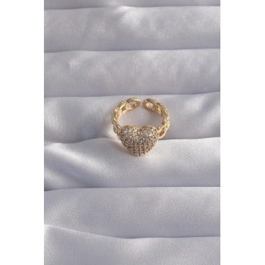 Pirinç Ayarlamalı Gold Renk Zirkon Taşlı Bombeli Kalp Yüzük