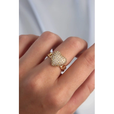 Pirinç Ayarlamalı Gold Renk Zirkon Taşlı Bombeli Kalp Yüzük