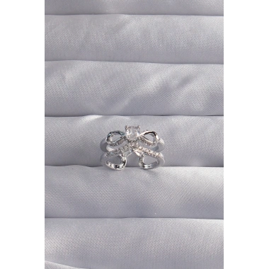 Pirinç Ayarlamalı Gümüş Renk Zirkon Taşlı 2li Görünüm Fiyonk Yüzük