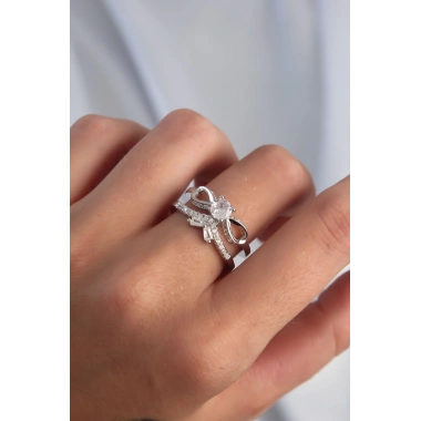 Pirinç Ayarlamalı Gümüş Renk Zirkon Taşlı 2li Görünüm Fiyonk Yüzük