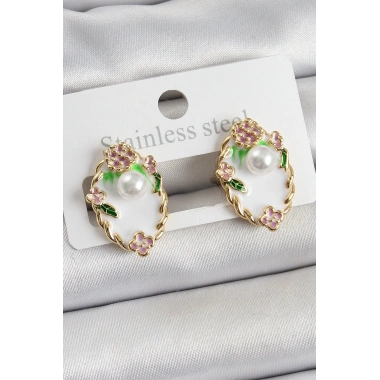 Pirinç Beyaz Mineli İnci Detaylı Sanatsal Portre Model Gold Renk Kadın Küpe