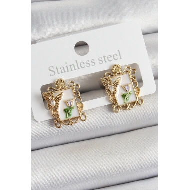 Pirinç Beyaz Mineli Sanatsal Portre Model Gold Renk Kadın Küpe