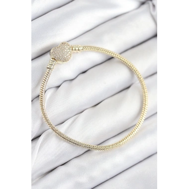 Pirinç Charm Zirkon Taşlı Kalp Model Gold Renk Kadın Bileklik