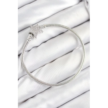 Pirinç Charm Zirkon Taşlı Yıldız Model Gümüş Renk Kadın Bileklik