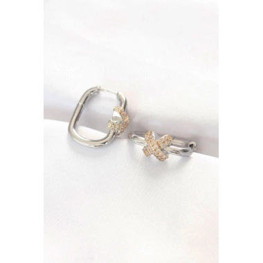 Pirinç Çift Renk Taşlı X Tasarımlı Dikdörtgen Küpe