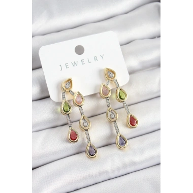 Pirinç Çoklu Damla Model Karşık Zirkon Taşlı Gold Ve Gümüş Renk Kadın Küpe