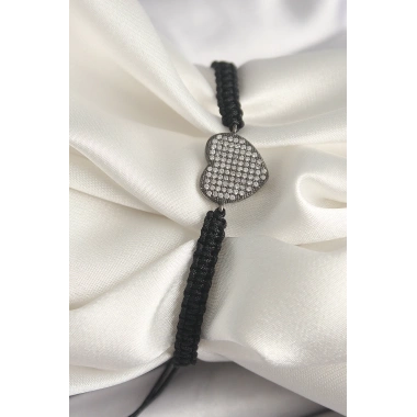 Pirinç Füme Renk Zirkon Taşlı Kalp Figür Asansörlü Makrome Model Kadın Bileklik