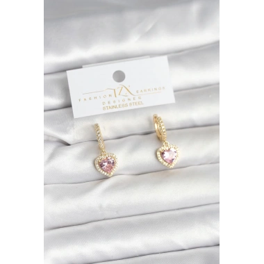 Pirinç Gold Pembe Renk Zirkon Taşlı Kalp Model Kadın Küpe