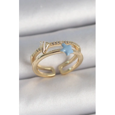 Pirinç Gold Renk 2Li Zirkon Taşlı Mavi Yıldız Figür Ayarlanabilir Kadın Yüzük