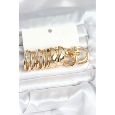 Pirinç Gold Renk 3 Çift Vintage Kadın Küpe Seti