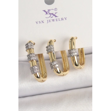 Pirinç Gold Renk 3Lü Halka Model Gümüş Zirkon Taş Detaylı Kadın Kombin Küpe