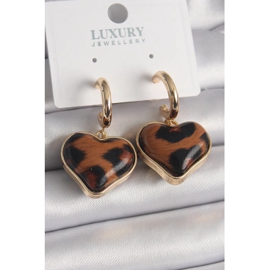 Pirinç Gold Renk 3D Kalp Leopar Desen Model Kadın Küpe