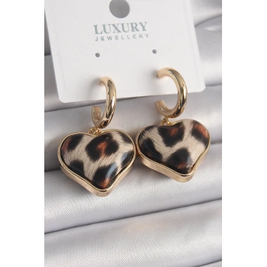Pirinç Gold Renk 3D Kalp Leopar Model Kadın Küpe