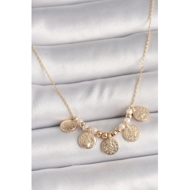 Pirinç Gold Renk 5Li Osmanlı Tuğra Figür İnci Detay Kadın Kolye