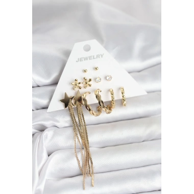 Pirinç Gold Renk 6 Çift Kadın Küpe Seti