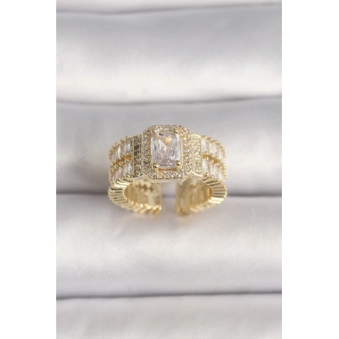 Pirinç Gold Renk Ayarlanabilir Baget Zirkon Taş Model Kadın Yüzük