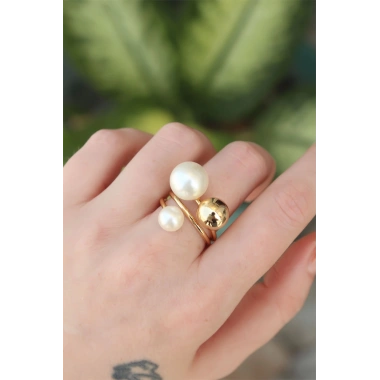 Pirinç Gold Renk Ayarlanabilir İnci Taşlı Yüzük