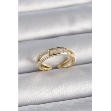 Pirinç Gold Renk Ayarlanabilir Sıralı İncili Zirkon Taş Detaylı Kadın Yüzük