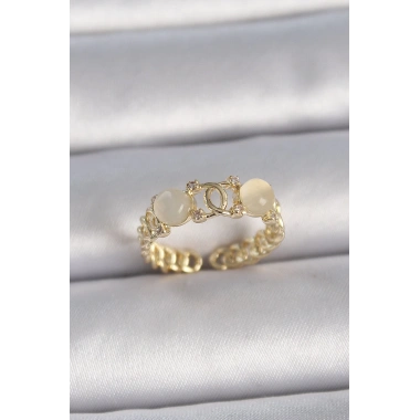 Pirinç Gold Renk Ayarlanabilir Zirkon Taşlı Beyaz Mineli Birleşik Halka Model Kadın Yüzük