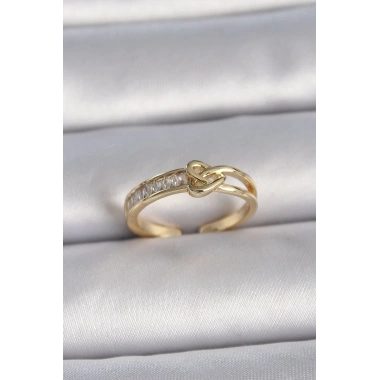 Pirinç Gold Renk Ayarlanabilir Zirkon Taşlı Düğüm Kalp Model Kadın Yüzük