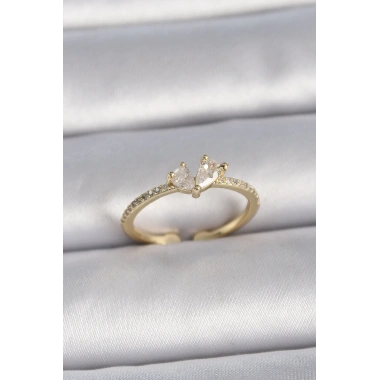 Pirinç Gold Renk Ayarlanabilir Zirkon Taşlı Kalp Model Kadın Yüzük