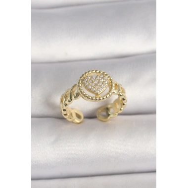 Pirinç Gold Renk Ayarlanabilir Zirkon Taşlı Kalp Model Kadın Yüzük