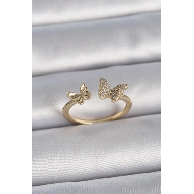 Pirinç Gold Renk Ayarlanabilir Zirkon Taşlı Kelebek Model Kadın Yüzük