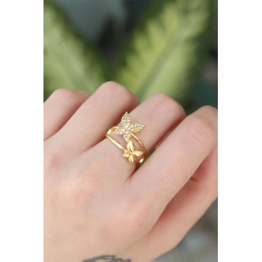 Pirinç Gold Renk Ayarlanabilir Zirkon Taşlı Kelebek Yüzük
