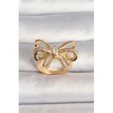 Pirinç Gold Renk Ayarlanabilir Zirkon Taşlı Kurdele Model Kadın Yüzük