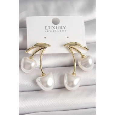 Pirinç Gold Renk Beyaz İnci Kiraz Model Kadın Küpe