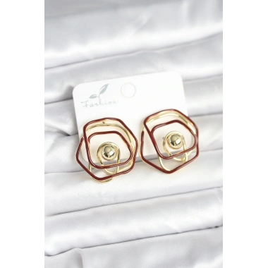 Pirinç Gold Renk Bordo Mineli Geometrik Gül Model Kadın Küpe