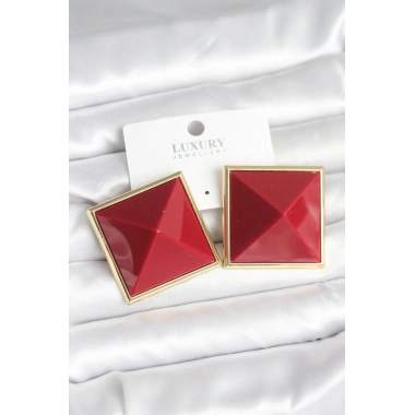 Pirinç Gold Renk Bordo Piramit Model Kadın Küpe