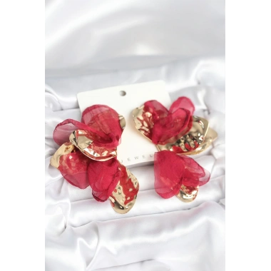 Pirinç Gold Renk Bordo Tüllü Lotus Kadın Küpe