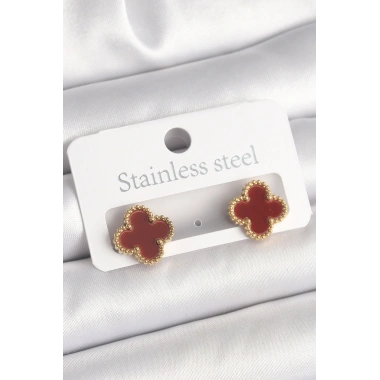 Pirinç Gold Renk Bordo Yonca Model Kadın Küpe