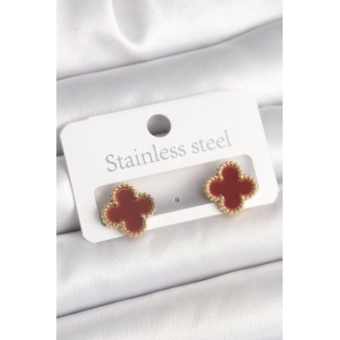 Pirinç Gold Renk Bordo Yonca Model Kadın Küpe