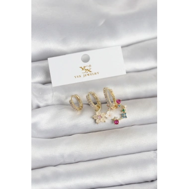 Pirinç Gold Renk Çiçek Model 3lü Kadın Küpe