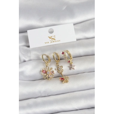 Pirinç Gold Renk Çiçek Model 3lü Kadın Küpe