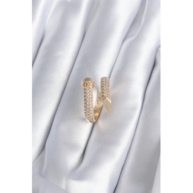 Pirinç Gold Renk Çivi Model Zirkon Taşlı Kadın Yüzük