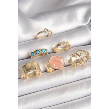 Pirinç Gold Renk Daire Pembe Mineli Zirkon Taş Detaylı 6Lı Kadın Yüzük Seti