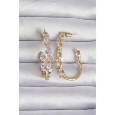 Pirinç Gold Renk Damla Zirkon Taş Tasarımlı Küpe