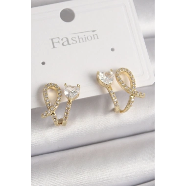 Pirinç Gold Renk Düğüm Model Zirkon Taşlı Kalp Detay Kadın Küpe