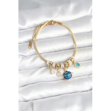 Pirinç Gold Renk Dünya Charmlı Kadın Bileklik