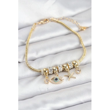 Pirinç Gold Renk Göz Model Charmlı Kadın Bileklik