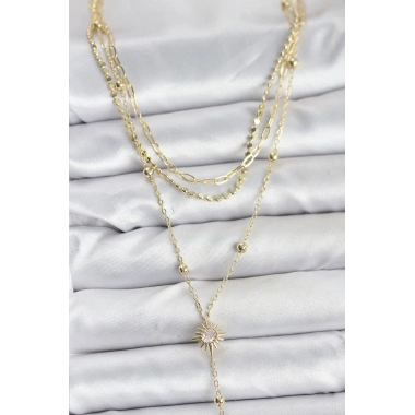 Pirinç Gold Renk Güneş Model Detaylı 3lü Kombin Y Kadın Kolye