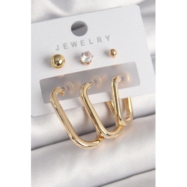 Pirinç Gold Renk Halka Model Zirkon Taş Topçuk Detay Kadın Küpe Seti