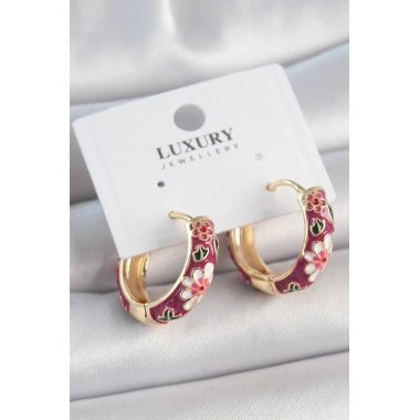 Pirinç Gold Renk Halka Mor Çiçek Mineli Kadın Küpe