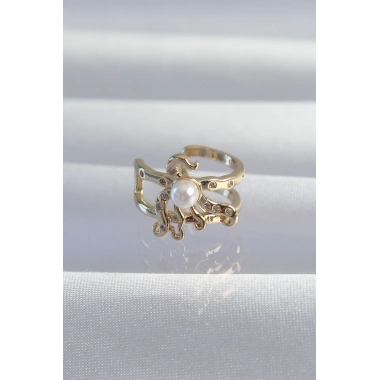 Pirinç Gold Renk İncili Ahtapot Earcuff Küpe