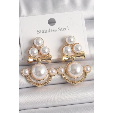 Pirinç Gold Renk İncili Çapa Model Kadın Küpe