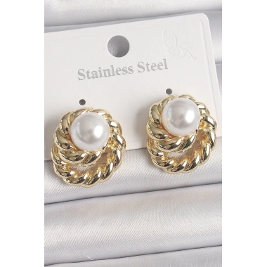 Pirinç Gold Renk İncili Sarmal Burgu Model Kadın Küpe