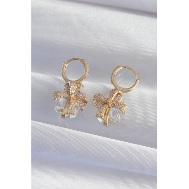 Pirinç Gold Renk İri Zirkon Taşlı Fiyonk Model Halka Küpe